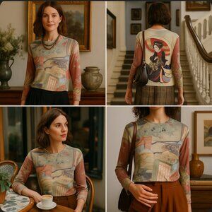 🎨 Vintage Yukiko Imperial Art Print Top – Made in U.S.A. – Size L